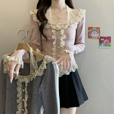 实拍实价 秋冬加厚打底衫高克重假两件蕾丝打底木耳边百搭挂脖t恤