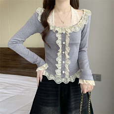 实拍实价 秋冬加厚打底衫高克重假两件蕾丝打底木耳边百搭挂脖t恤