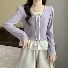 批发实拍实价 新版法式气质泡泡袖木耳边蝴蝶结系带上衣