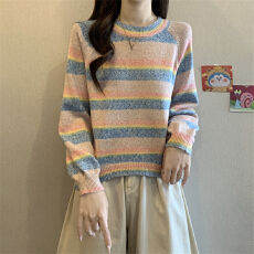 批发实拍实价 秋冬新款韩系慵懒风圆领拼接色针织百搭长袖上衣女外穿