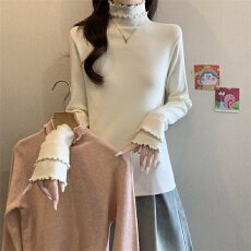 批发实拍实价 秋冬新款波浪密边双领打底长袖正肩套头针织衫毛衣