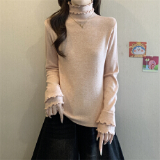 批发实拍实价 秋冬新款波浪密边双领打底长袖正肩套头针织衫毛衣