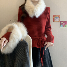 批发实拍实价 法式圆领荷叶边毛衣女新款宽松高级感气质女士上衣潮