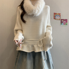 批发实拍实价 法式圆领荷叶边毛衣女新款宽松高级感气质女士上衣潮