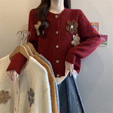 批发实拍实价 新款手工<b class='q'>立体</b><b class='q'>花朵</b>毛衣开衫慵懒风撞色针织衫<b class='q'>上衣</b>