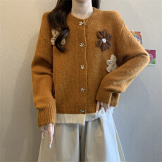 批发实拍实价 新款手工<b class='q'>立体</b><b class='q'>花朵</b>毛衣开衫慵懒风撞色针织衫<b class='q'>上衣</b>