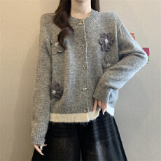 批发实拍实价 新款手工立体花朵毛衣开衫慵懒风撞色<b class='q'>针织</b>衫<b class='q'>上衣</b>