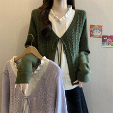 批发实拍实价 秋冬新款韩版慵懒风V领木耳边拼接假两件系带长袖<b class='q'>上衣</b>女