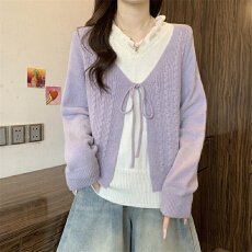 实拍实价 秋冬新款韩版慵懒风V领木耳边拼接假两件系带长袖上衣女