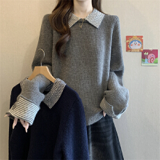 实拍实价 复古韩系假两件条纹翻领长袖毛衣韩版针织衫毛衣