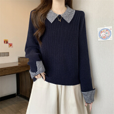 实拍实价 复古韩系假两件条纹翻领长袖毛衣韩版针织衫毛衣