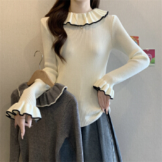 实拍实价 韩系荷叶边设计感针织毛衣新款修身温柔百搭打底衫上衣