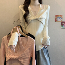 批发实拍实价 秋冬新款韩系优雅气质V领挂脖扭结假两件百搭时尚<b class='q'>针织</b>衫