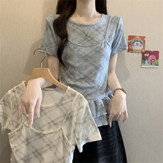 批发实拍实价 夏新款韩系减龄百搭芭蕾风假两件格纹短袖T恤修身上衣<b class='q'>女</b>
