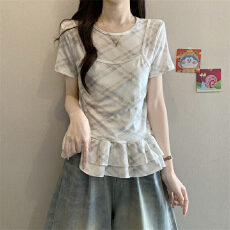 批发实拍实价 夏新款韩系减龄百搭芭蕾风假两件格纹短袖T恤修身上衣<b class='q'>女</b>