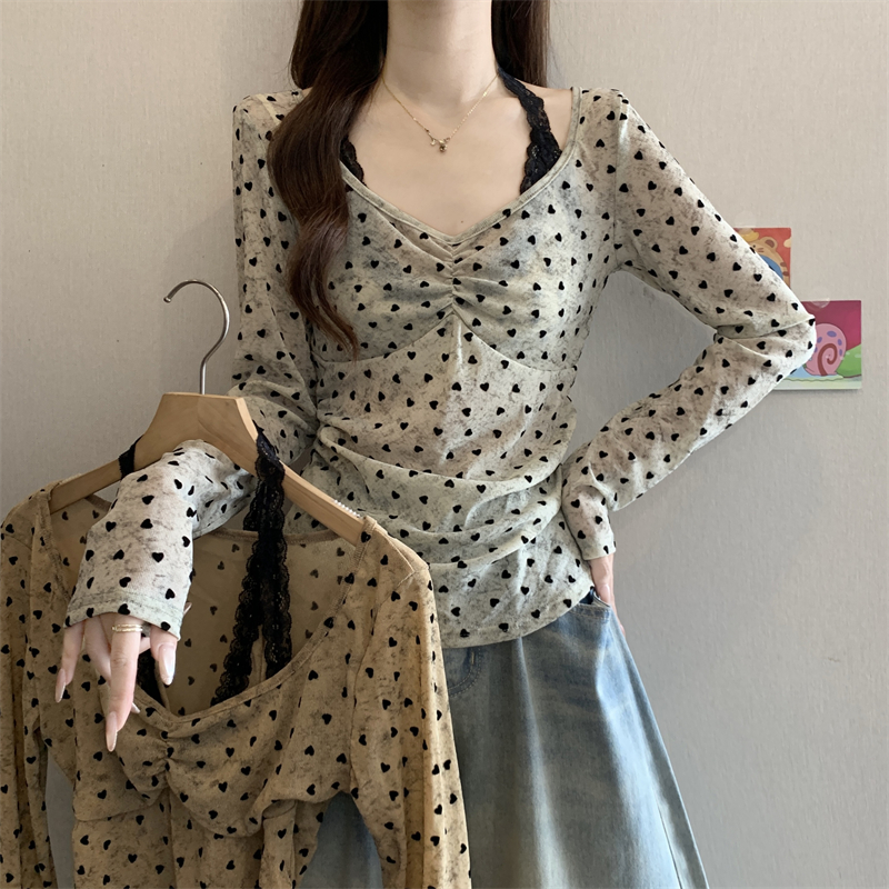 BY30085# 蕾丝挂脖假两件小衫女装早秋新款简约气质显瘦上衣 服裝批發女裝批發服飾貨源