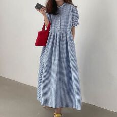 批发韩国chic夏季复古气质圆领小排扣宽松休闲格纹过膝长款<b class='q'>连衣裙</b>女
