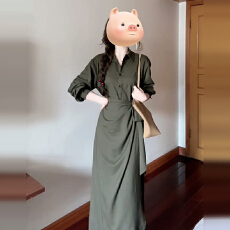 批发法式高级感绿色<b class='q'>长</b>袖衬衫连衣<b class='q'>裙子</b>女装2025新款开秋季穿搭收