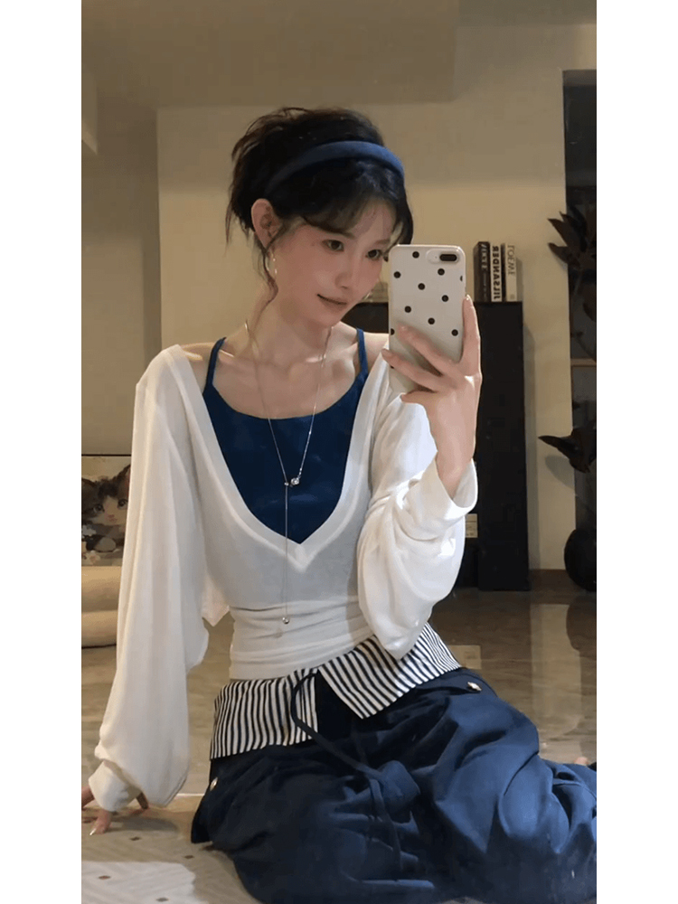 FA36892# 设计初秋新款套装吊带背心外搭宽松长袖罩衫两件套 服裝批發女裝批發服飾貨源