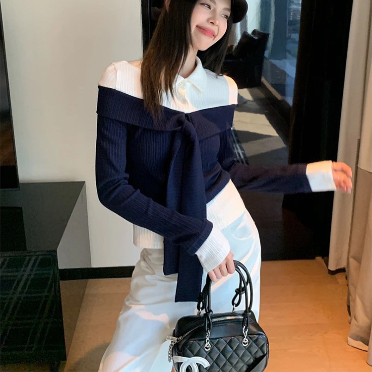 MY14792# 新款学院风撞色拼接假两件女韩系穿搭百搭polo领上衣女裝貨源服裝批發