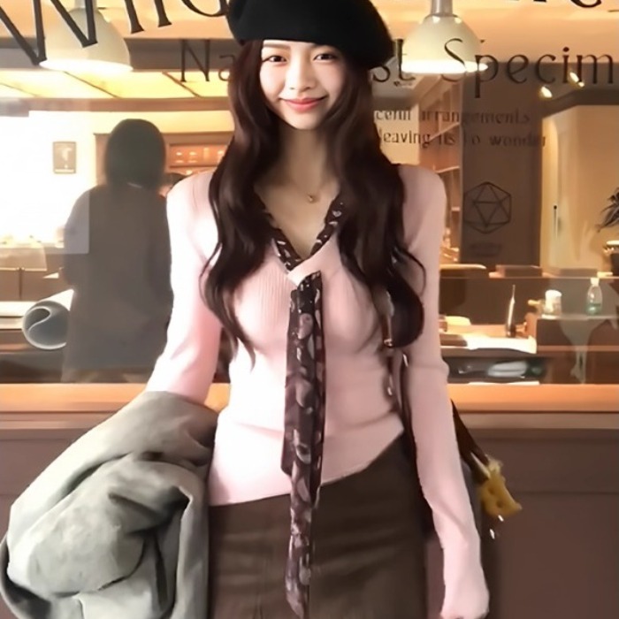 MY14791# 新款上衣韩系时尚气质毛衣波点丝带V领长袖针织衫潮女裝貨源...