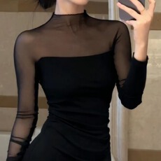 批发实价2025秋冬新款韩系御姐纯欲加厚性感<b class='q'>网纱</b>拼接半高领连衣<b class='q'>裙</b>女