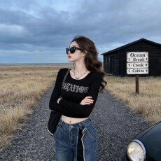 批发新款设计感烫砖辣妹风修身内搭打底衫<b class='q'>百搭</b>短款上衣女