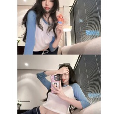 批发新款撞色条纹插肩袖系列 长袖<b class='q'>T</b><b class='q'>恤</b>女秋季显瘦百搭短款上衣