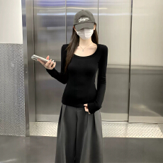 批发新款系修身显瘦方领长袖<b class='q'>T</b><b class='q'>恤</b>女秋季简约基础百搭打底衫内搭上衣
