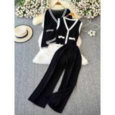 批发时尚套装女冬季新款韩版条纹针织上衣+高腰显瘦阔腿裤休闲两件套