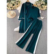 批发高级感小众慵懒风中长款<b class='q'>条纹</b>针织外套+打底T恤三件套休闲显瘦长裤