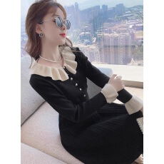 批发针织<b class='q'>连衣裙</b>女秋冬季新款长袖小个子内搭毛衣<b class='q'>娃娃</b>领小黑裙子