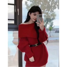 批发2025秋冬新款性感打底针织<b class='q'>连衣裙</b>女露肩毛衣裙修身显瘦收腰包臀裙