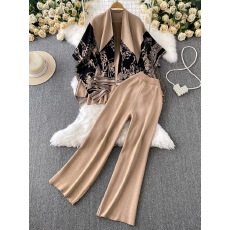 批发高级感气质打底半高领毛衣+<b class='q'>印花</b>针织披肩外套+高腰显瘦长裤三件套