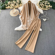 批发欧美小众时髦中长款不规则<b class='q'>条纹</b>针织开衫外套+打底衫+阔腿裤三件套