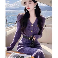 批发钓系约会名媛高端小洋装气质小香风紫色内搭针织连衣裙子女秋冬款