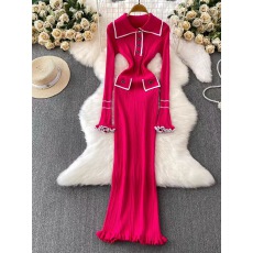 批发法式复古小香风<b class='q'>连衣裙</b>女时尚撞色翻领长袖修身显瘦针织裙过膝长裙