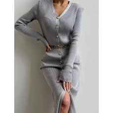 批发配腰带法式针织<b class='q'>连衣裙</b>V领单排纽扣洋气毛衣长裙