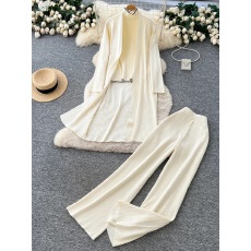 批发高级感宽松外搭中长款针织开衫打底高领长袖毛衣高腰阔腿裤三件套