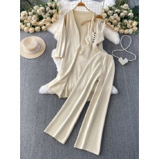 批发慵懒风休闲中长款开衫外套+纯欲御姐风吊带+高腰显瘦阔腿裤三件套