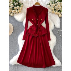 批发高级感外搭时髦设计流苏金属扣马甲外套内搭针织<b class='q'>长款</b><b class='q'>连衣裙</b>两件套