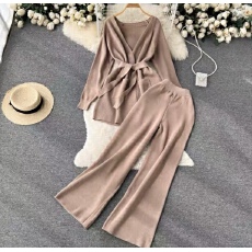 批发<b class='q'>秋</b>季两件套装小众设计系带收腰长袖针织开衫外套高腰宽松阔腿裤子