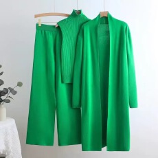 批发跨境亚马逊气质针织套装女<b class='q'>秋</b>冬上衣中长款开衫外套阔腿裤三件套潮