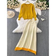 批发法式穿搭简约慵懒风宽松针织衫V领上衣休闲撞色毛衣裙气质两件套