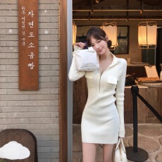 批发韩国修身显瘦口袋拉链裙紧身长袖气质针织<b class='q'>连衣裙</b>休闲毛衣短裙子