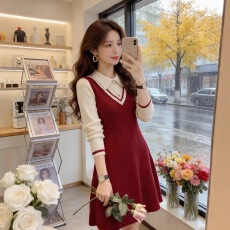 批发韩国简约气质<b class='q'>连衣裙</b>女2025年<b class='q'>春秋</b>新款通勤百搭假两件撞色拼接裙子