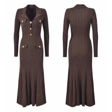 批发法式名媛气质时尚优雅收腰显瘦西装领金扣竖条纹长款<b class='q'>连衣裙</b>