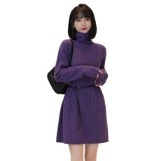 批发原版高领纯羊毛裙薇薇绮带腰带新款中长款100绵羊毛<b class='q'>连衣裙</b>