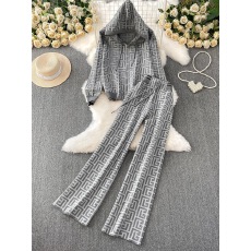 批发<b class='q'>时尚</b>套装女穿搭显瘦迷宫格连帽长袖针织拉链外套高腰阔腿裤两件套