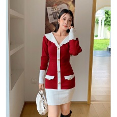 批发黑白协奏名媛气质撞色V领修身针织连衣裙女包臀短裙